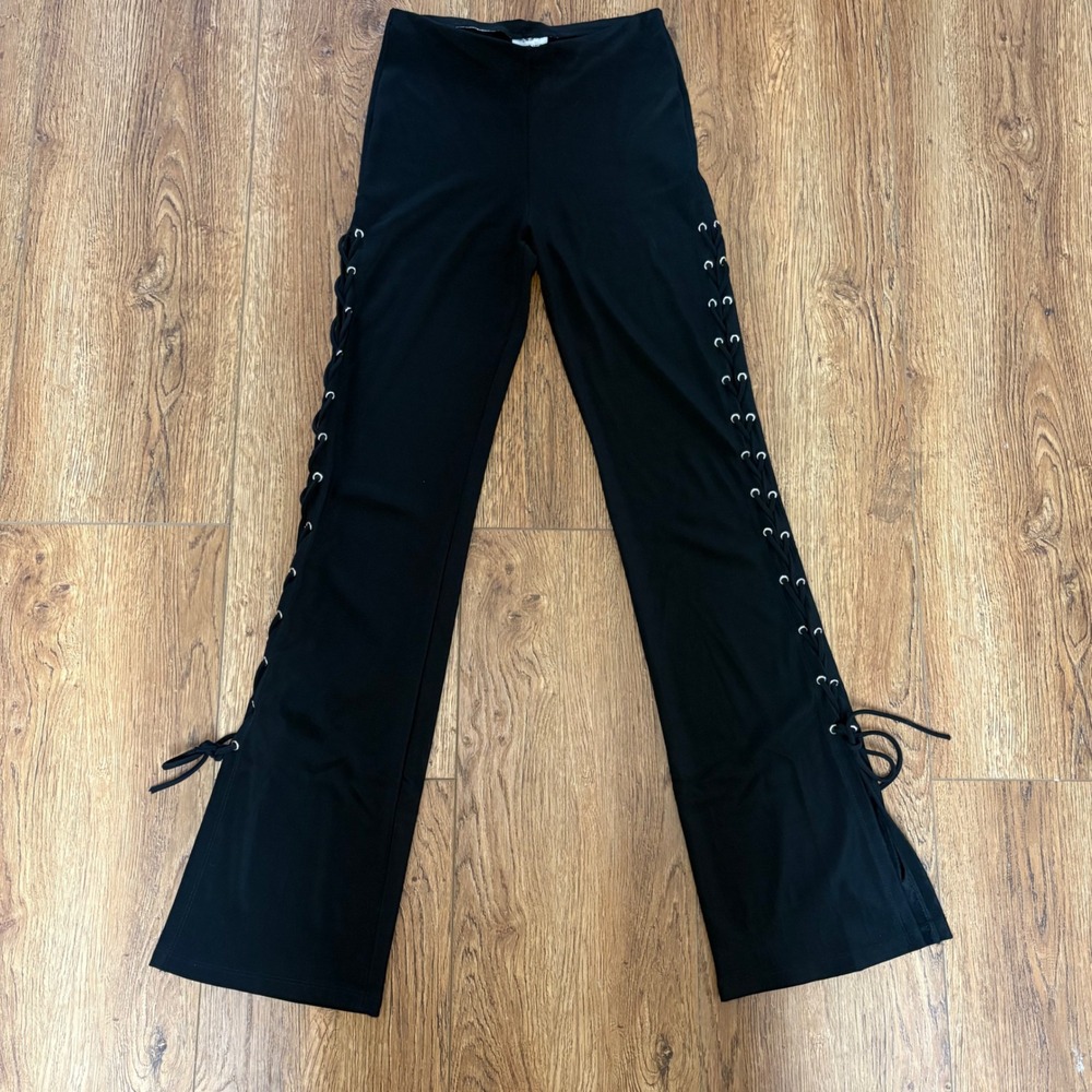 90s Lace Up Flare Pants Nylon Womens M Side Tie Grommet VTG made in USA Biker‎